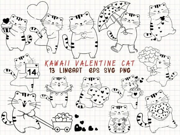 Download Kawaii Valentine Cat Line Art SVG - Kawaii valentine Collection